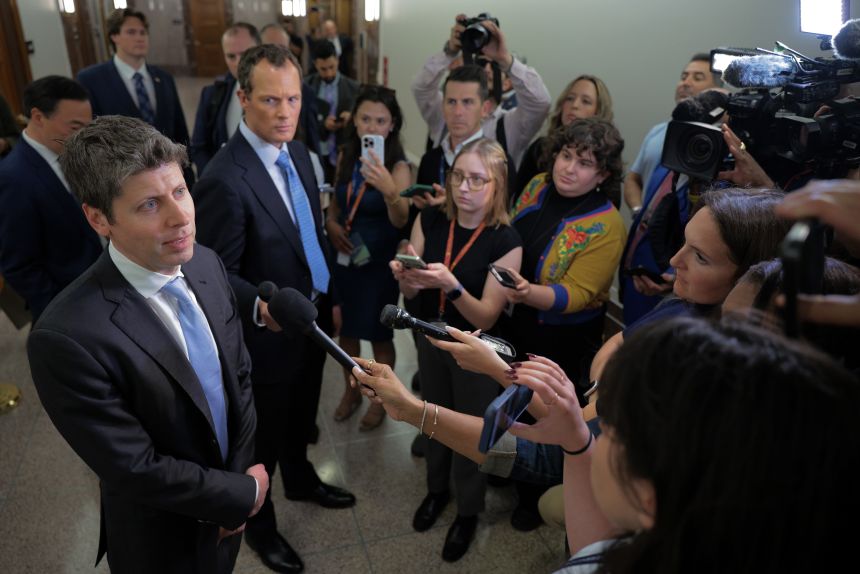 Open AI CEO Sam Altman talks with reporters on Capitol Hill on June 3. Altman met with Congressional leadership the day after President Trump signed an executive order about artificial intelligence.
