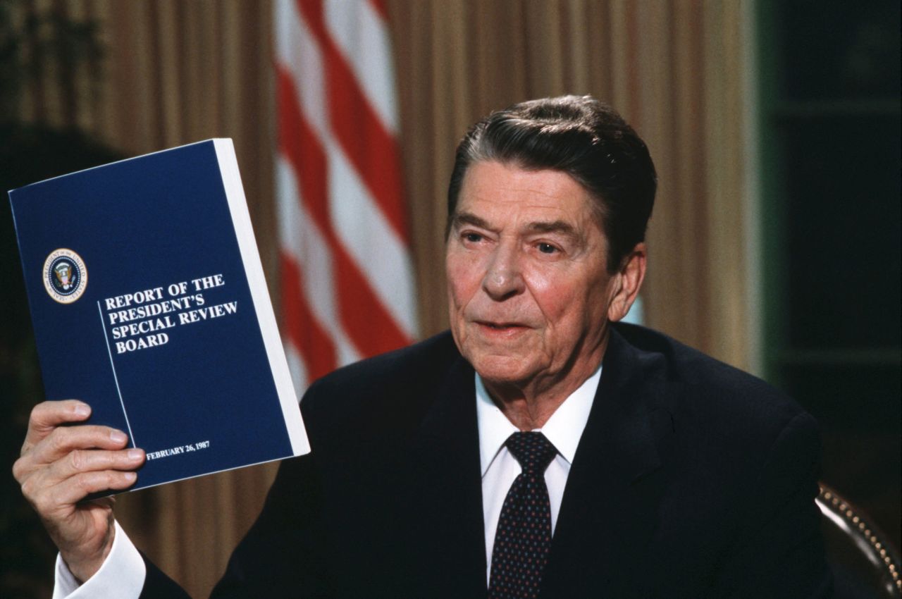 US President Ronald Reagan is seen here giving a speech on the Iran Contra affair in the Oval Office at the White House in 1987.