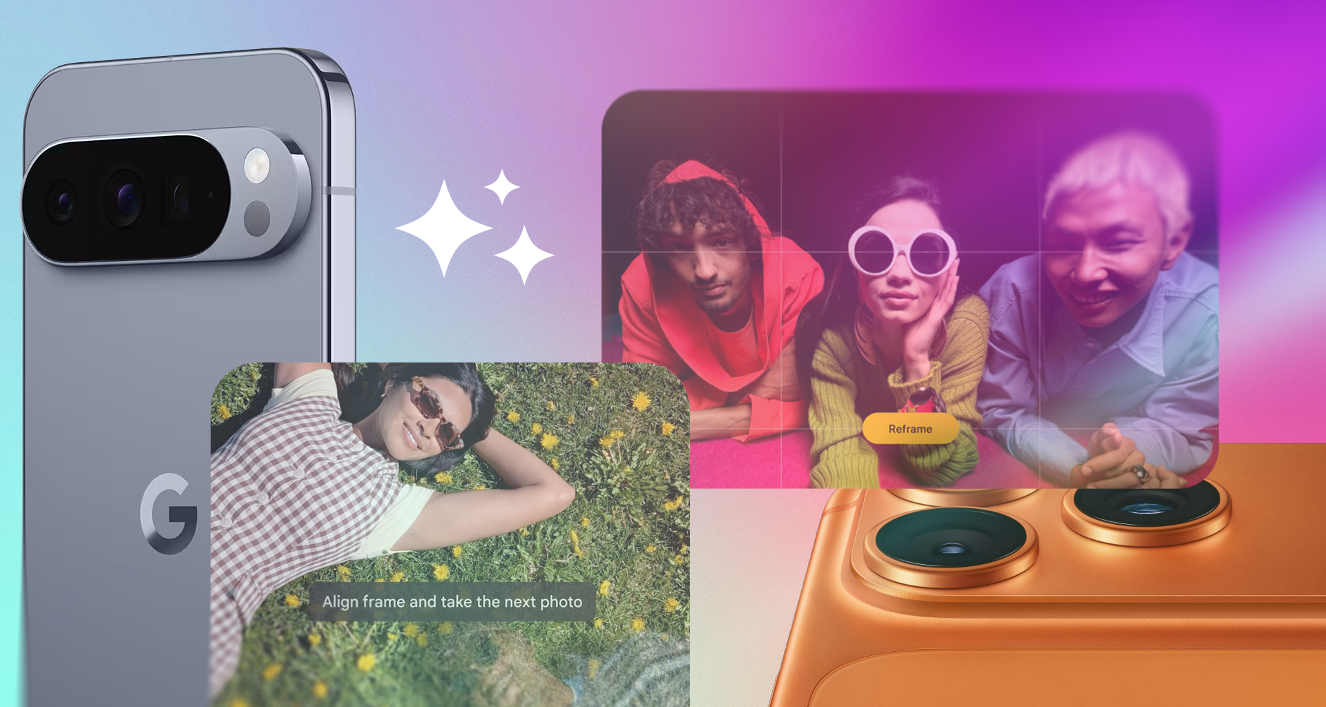 iPhone, Pixel and family photos on a rainbow background
