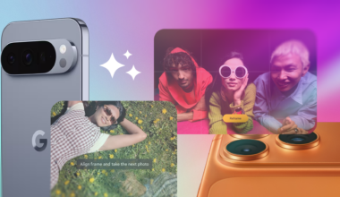 iPhone, Pixel and family photos on a rainbow background