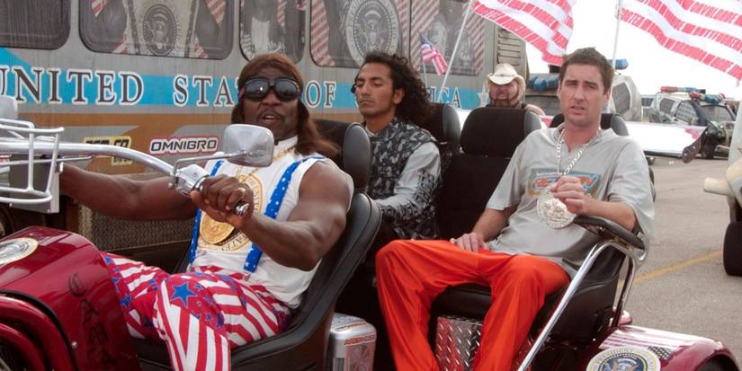 Terry Crews as President Camacho driving Luke Wilson's Joe on an ATV in Idiocracy