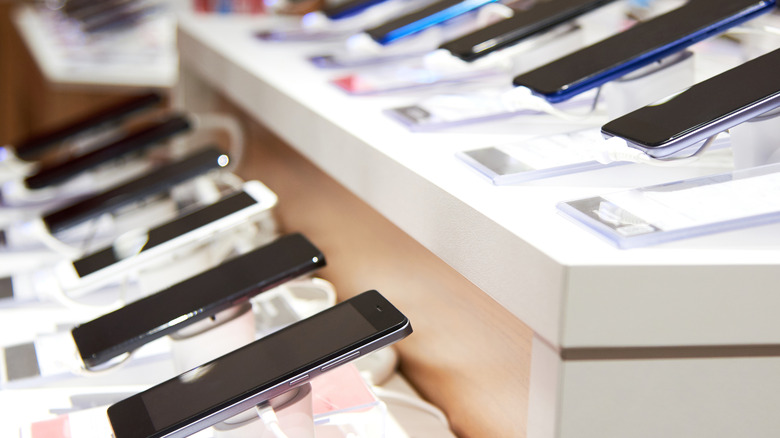 Line of smartphones available to purchase in a store