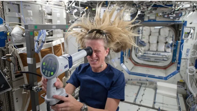 NASA astronaut Karen Nyberg images her eye with a fundoscope aboard the International Space Station during the Expedition 37 mission in 2013. Credit: NASA