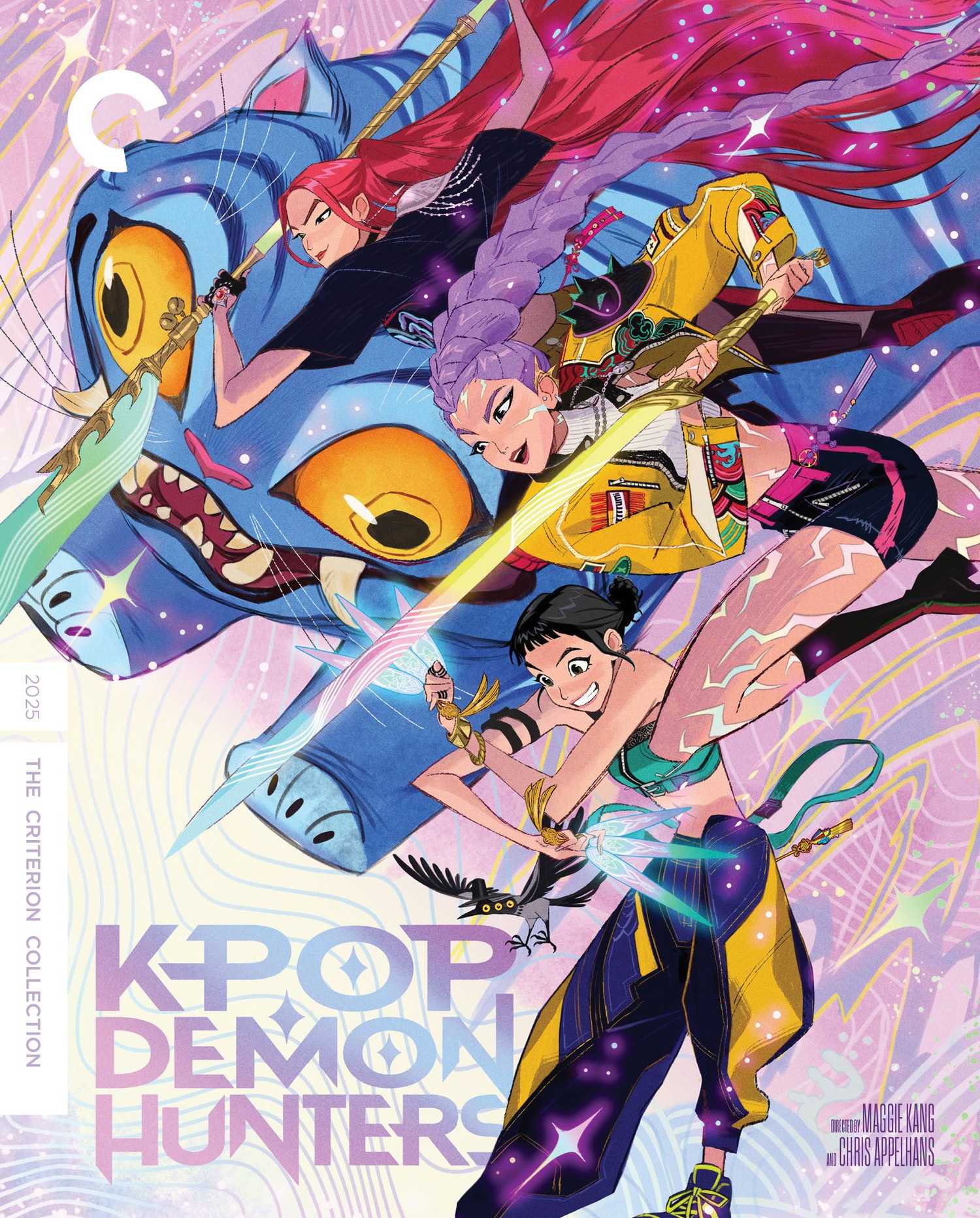 Criterion's cover for KPop Demon Hunters featuring Rumi, Mira, Zoey, and Derpy Tiger leaping into action