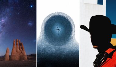 A triptych showing a giant stone hand sculpture under a starry sky, a dense swarm of birds forming a circular shape, and a silhouette of a person wearing a cowboy hat.