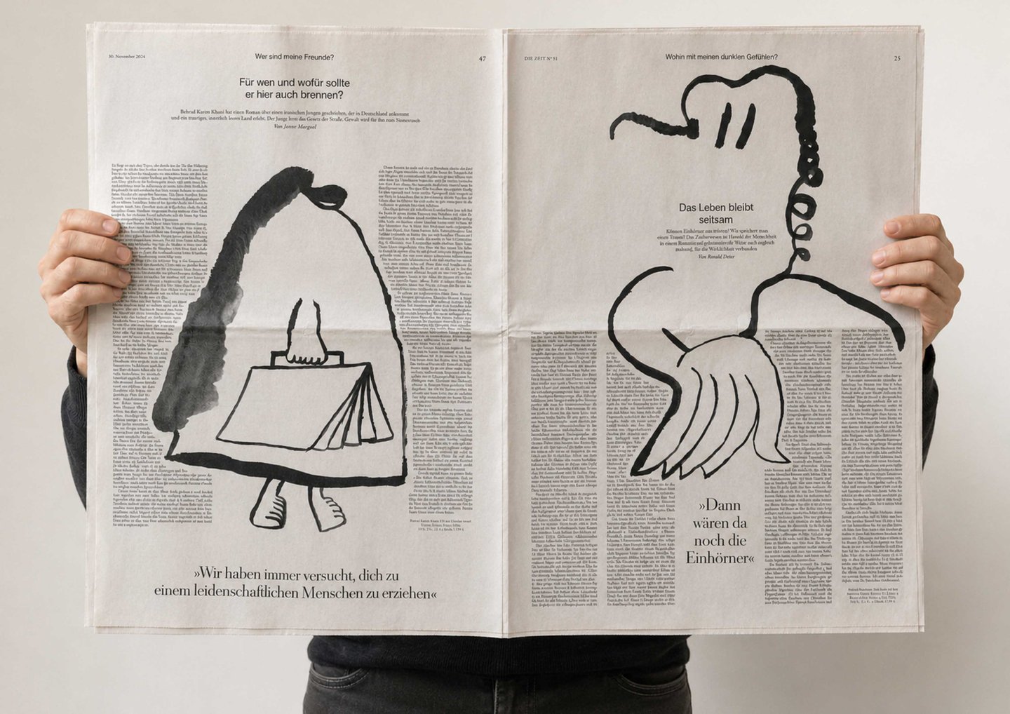 Moriz Oberberger’s bendy figures and whimsical cartoons reveal “the strange beauty of ordinary situations”