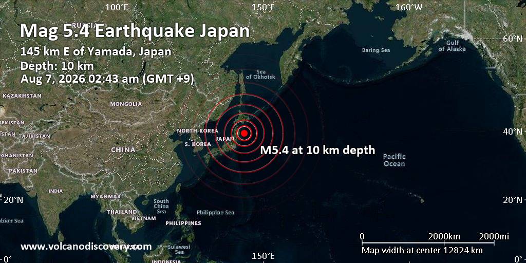 Strong Mag. 5.4 Earthquake - North Pacific Ocean, 214 km East of Morioka, Iwate, Japan, on Friday, Aug 7, 2026, at 02:43 am (GMT +9)