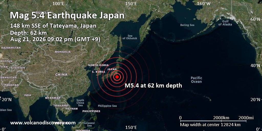 Strong Mag. 5.4 Earthquake - North Pacific Ocean, 86 km Northeast of Hachijo Jima Island, Tokyo, Japan, on Friday, Aug 21, 2026, at 09:02 pm (GMT +9)
