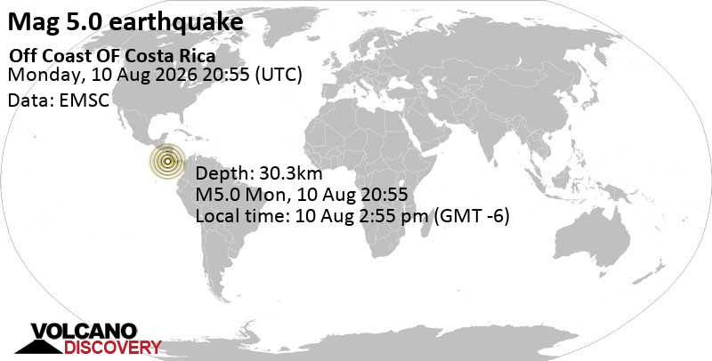 5.0 quake North Pacific Ocean, 229 km southwest of San Jose, Costa Rica, Aug 10, 2026 02:55 pm (GMT -6)