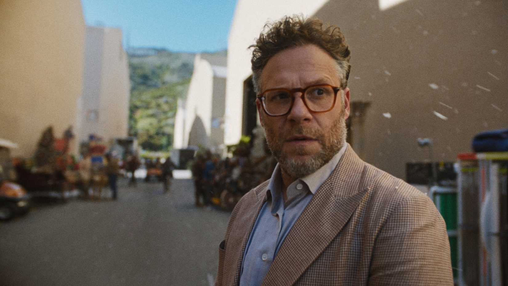 Seth Rogen in The Studio standing on a set looking confused.