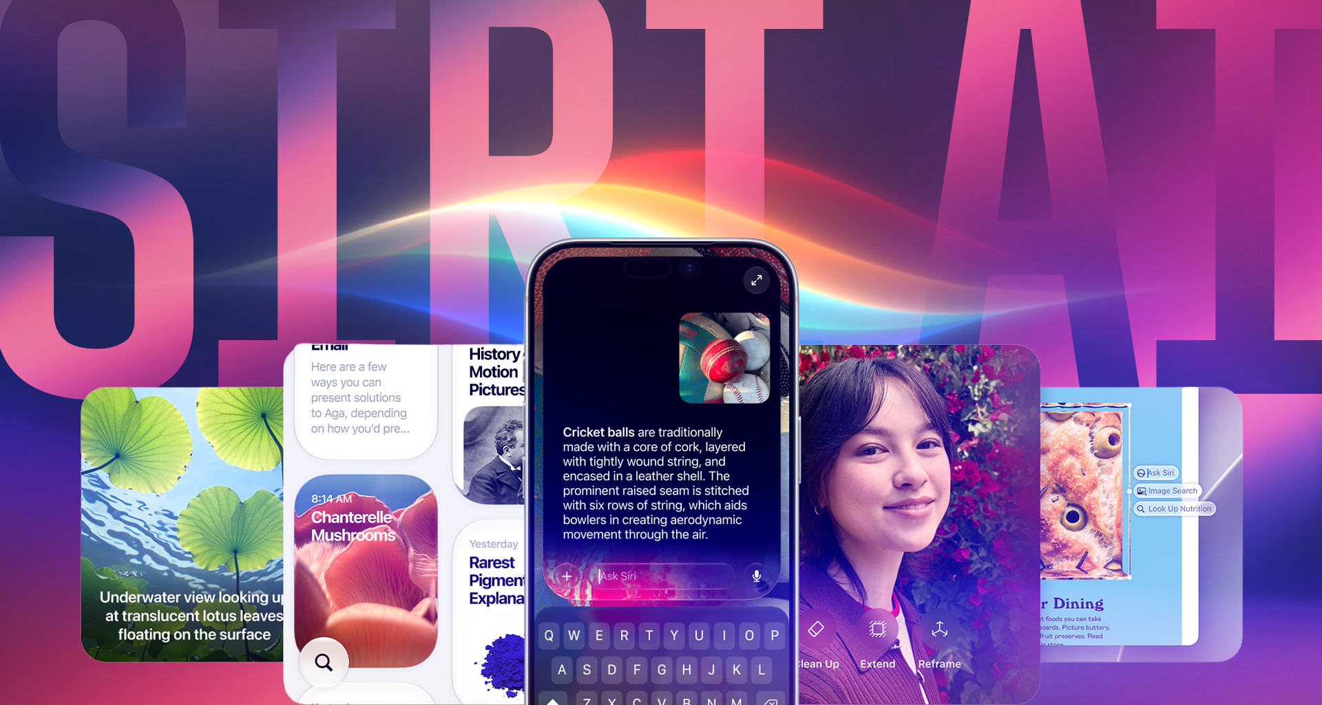 Siri AI in the background with images showing its features.
