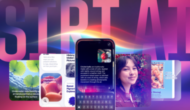 Siri AI in the background with images showing its features.