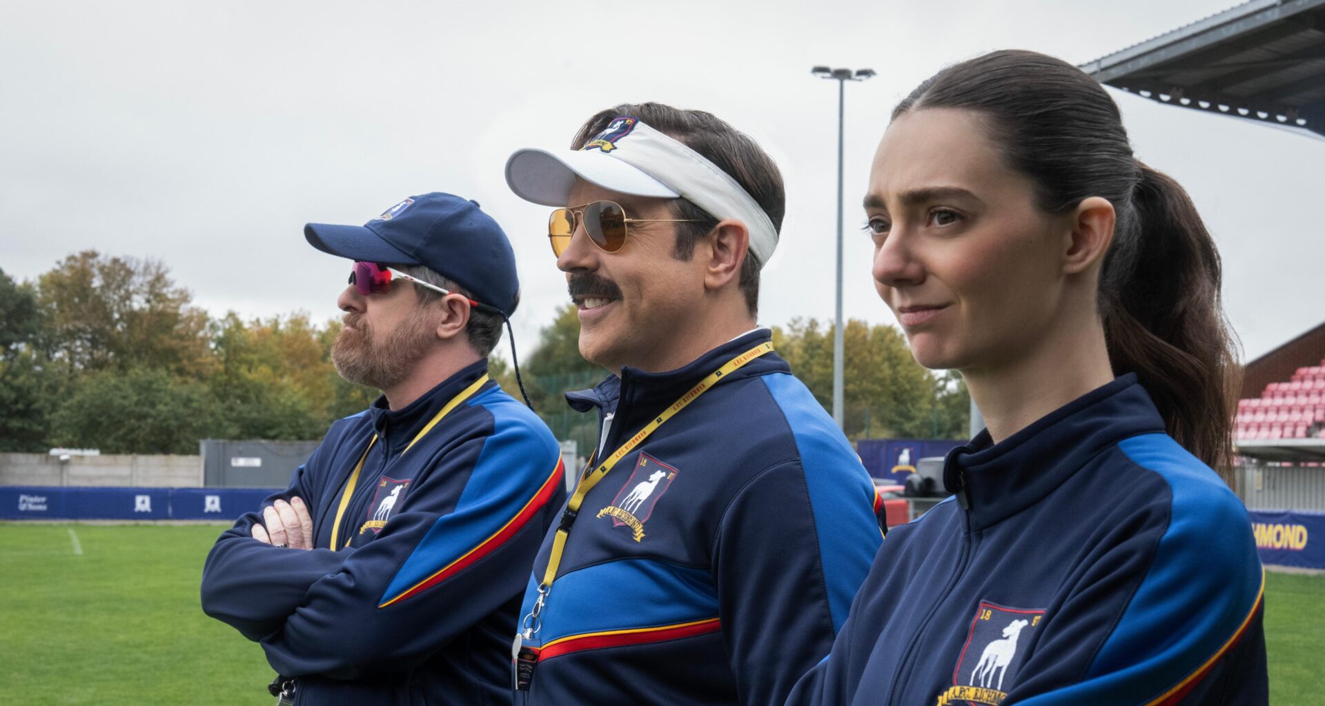 Brendan Hunt, Jason Sudeikis and Tanya Reynolds in Ted Lasso season 4.