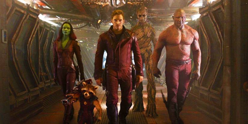 The original Guardians of the Galaxy lineup walking down a hallway