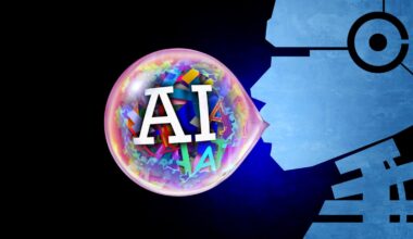 A graphic of a robot blowing a bubble with the letters AI inside it.
