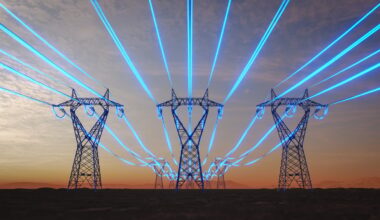 Power lines glowing in the dark.