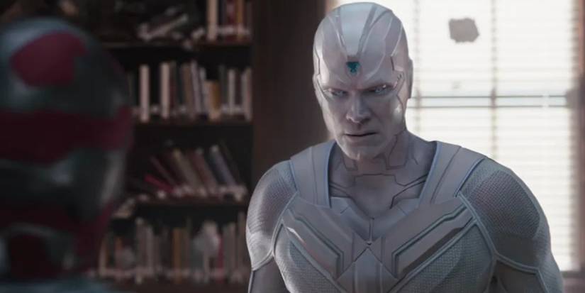 Paul Bettany as Vision all white with a scowl on his face in the teaser trailer for 'VisionQuest.'