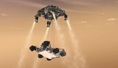 artist's impression of curiosity rover landing on the Mars surface.