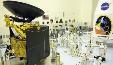 A large space probe stands in a big clean room full of people in white coveralls, across from a white rocket fairing with large mission logo.