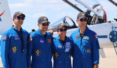 From left, Crew-13's Sergey Teteryatnikov (a Roscosmos mission specialist), NASA pilot Luke Delaney and Cmdr. Jessica Watkins, and Canadian Space Agency’s astronaut Joshua Kutryk, who is also a mission specialist. They are scheduled to launch to the International Space Station for a multi-month mission. (Spectrum News/Anthony Leone)