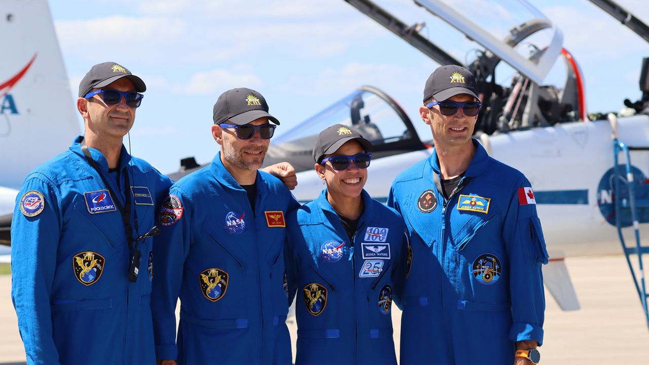 From left, Crew-13's Sergey Teteryatnikov (a Roscosmos mission specialist), NASA pilot Luke Delaney and Cmdr. Jessica Watkins, and Canadian Space Agency’s astronaut Joshua Kutryk, who is also a mission specialist. They are scheduled to launch to the International Space Station for a multi-month mission. (Spectrum News/Anthony Leone)