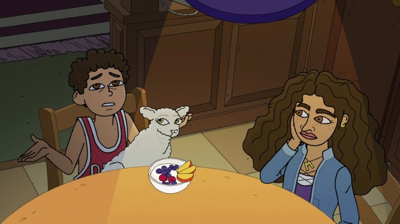 Rumi, Lamby, and Mona sitting at the kitchen table on #1 Happy Family USA S1E3