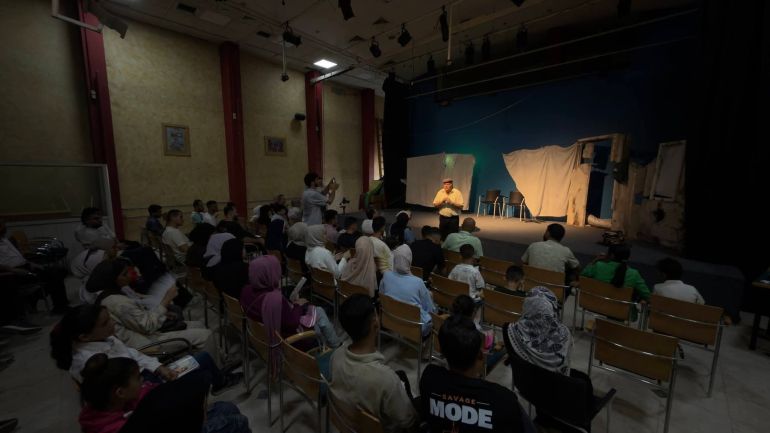 Director Ali Abu Yasin addresses the audience after 50 Minutes in Gaza, a play he says emerged “from under the rubble” of the war
