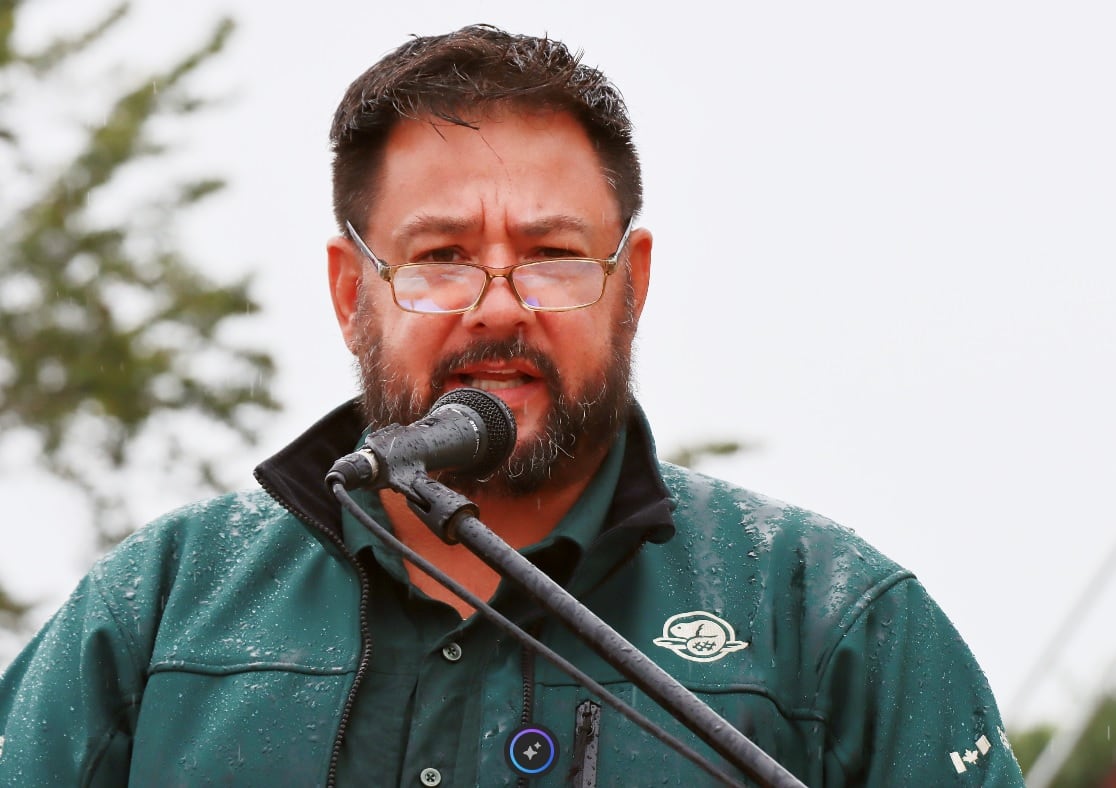 A man with short brown hair, beard and moustache wearing glasses and a green jackets speaks into a microphone.