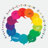 The words "autism spectrum disorder" surround a rainbow vector montage. That illustration of speech bubbles is arranged in a circle and represents the autism spectrum wheel.