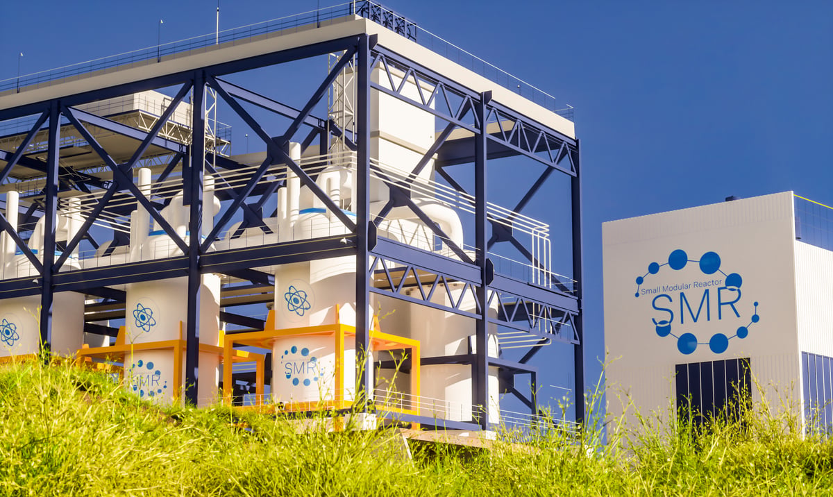 Small modular reactors in a field generating nuclear power.