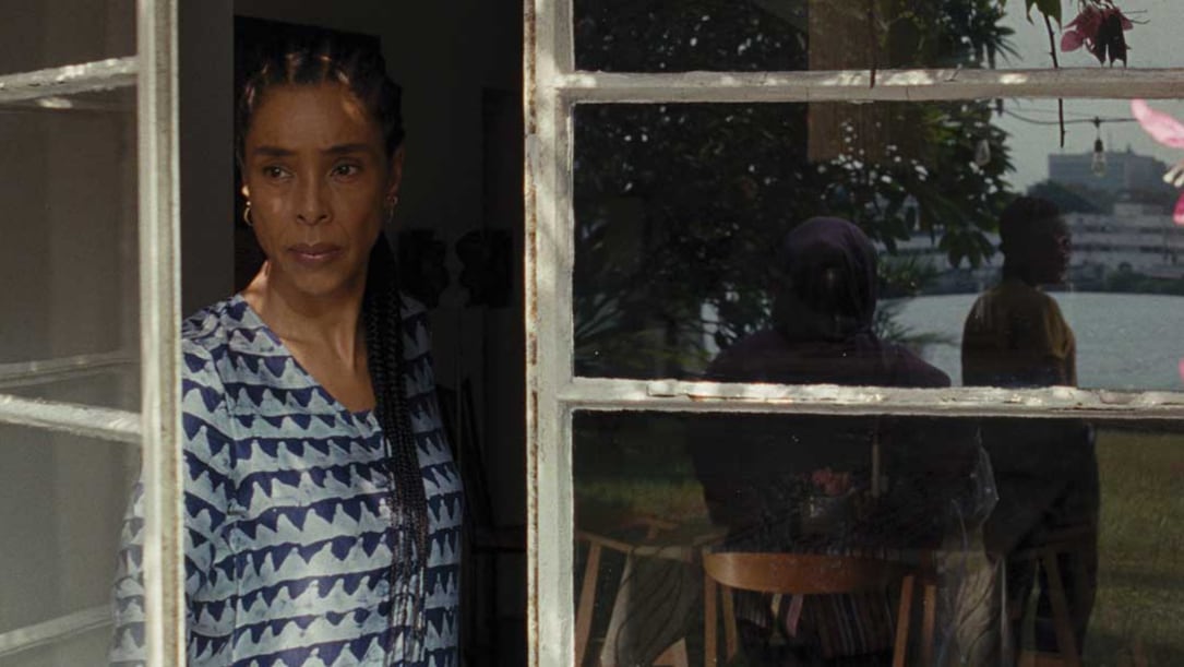 a Black woman in a patterned top looks out an open window.