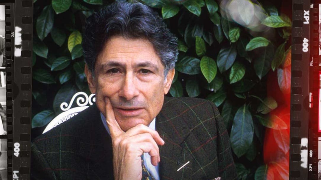 a frame from a roll of film tape showing a picture of Edward Said, a Palestinian man.