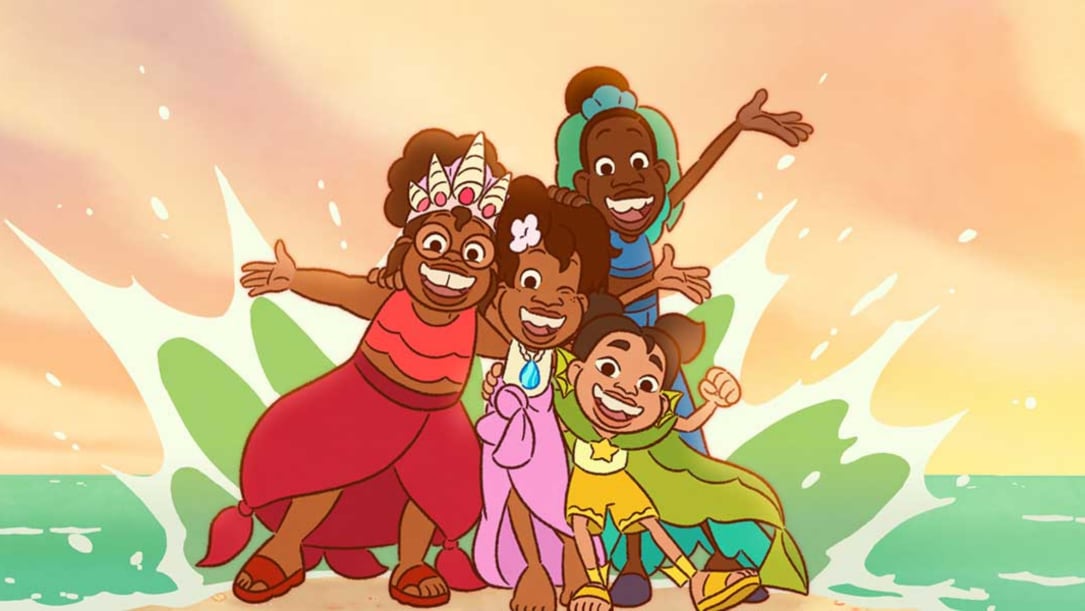 an animated film still of four Black kids dressed up in fancy colourful gowns.