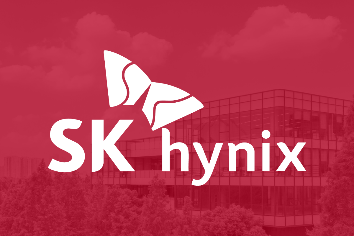 The SK hynix logo over a red-tinted photo of an office building.