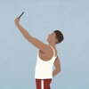 Illustration shows a male wearing a white tank top looking up at a cellphone he holds in one hand.