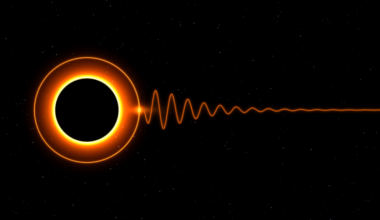 A black circle ringed in orange with a wavy line coming off with waves getting smaller as it gets farther away.