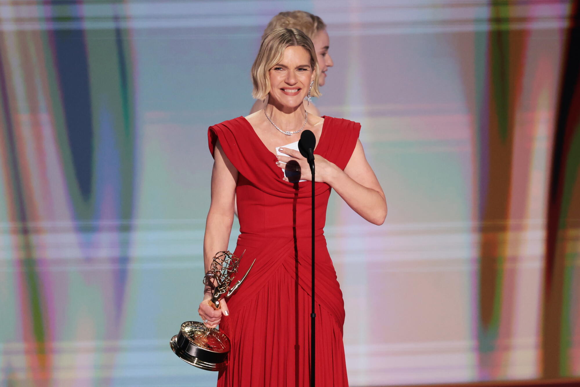 Rhea Seehorn accepts her Emmy for lead actress in a drama series for "Pluribus" during the 78th Emmy Awards.