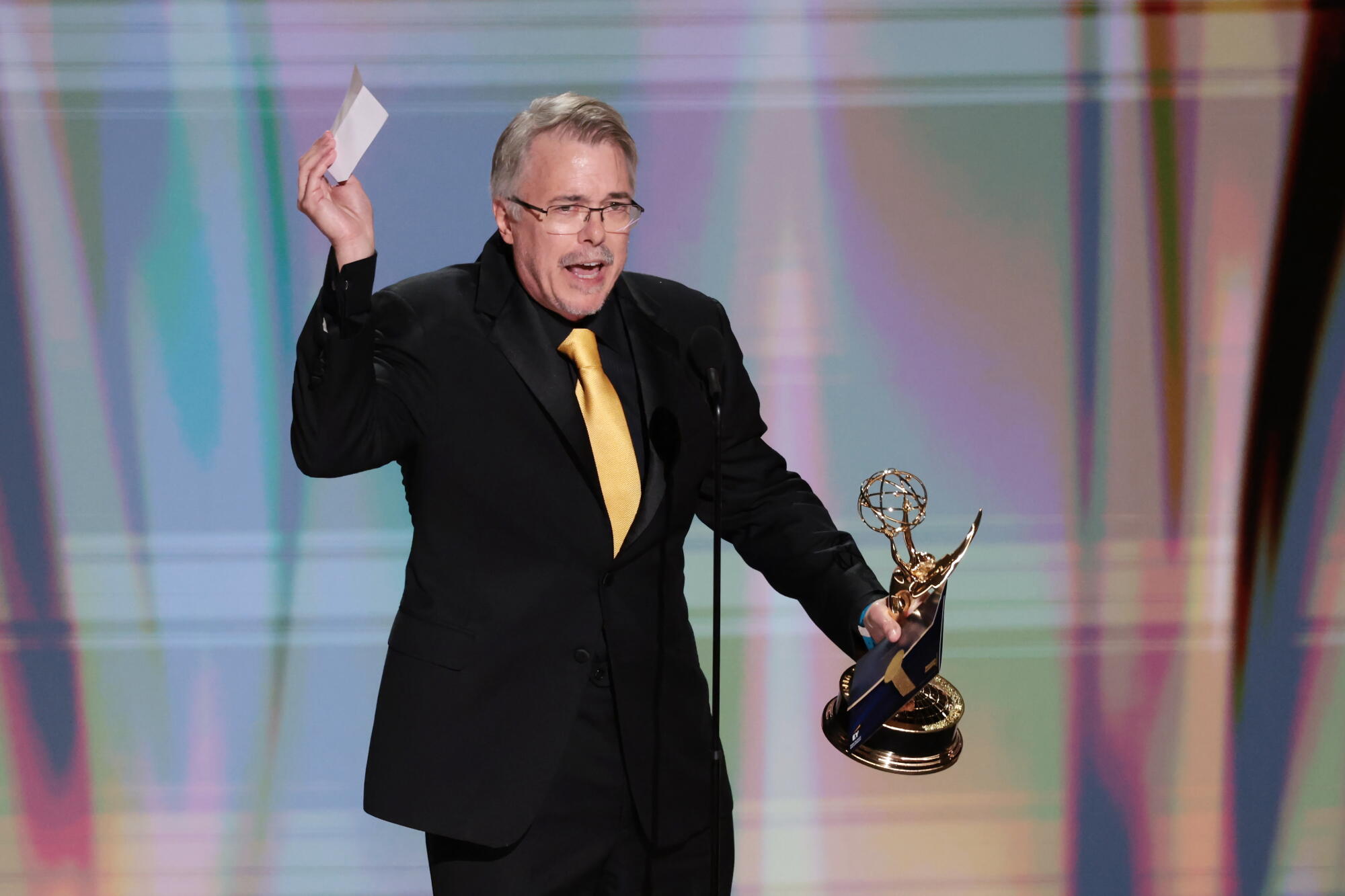 Vince Gilligan accepts the Emmy for writing in a drama series for "Pluribus" during the 78th Emmy Awards.