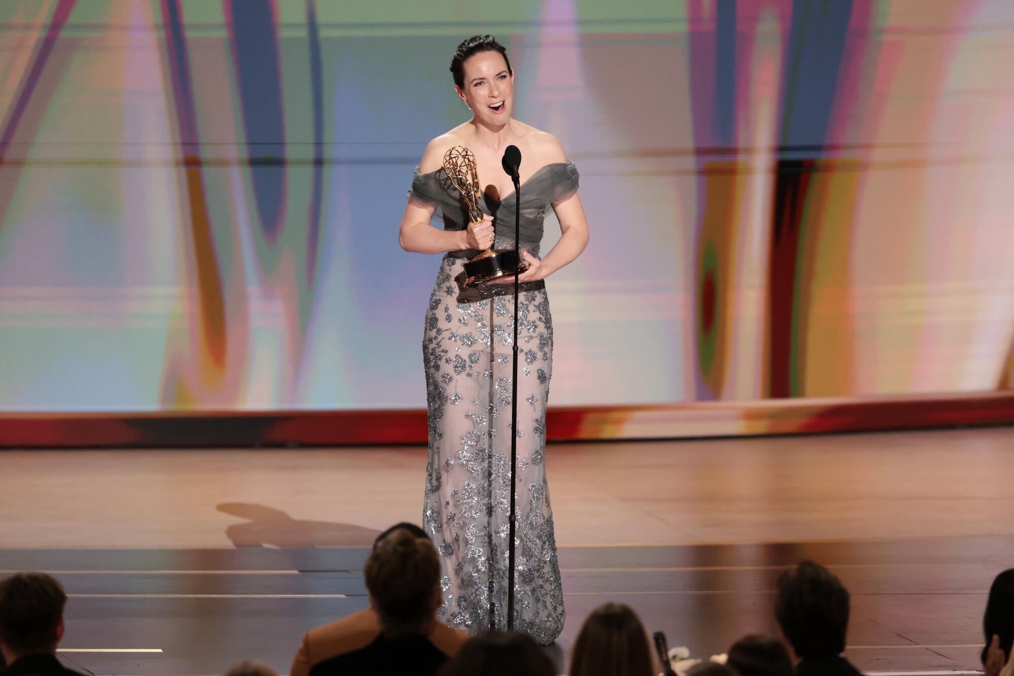 Kate O'Flynn accepts her Emmy for actress in a comedy for "Widow's Bay" during the 78th Emmy Awards ceremony.