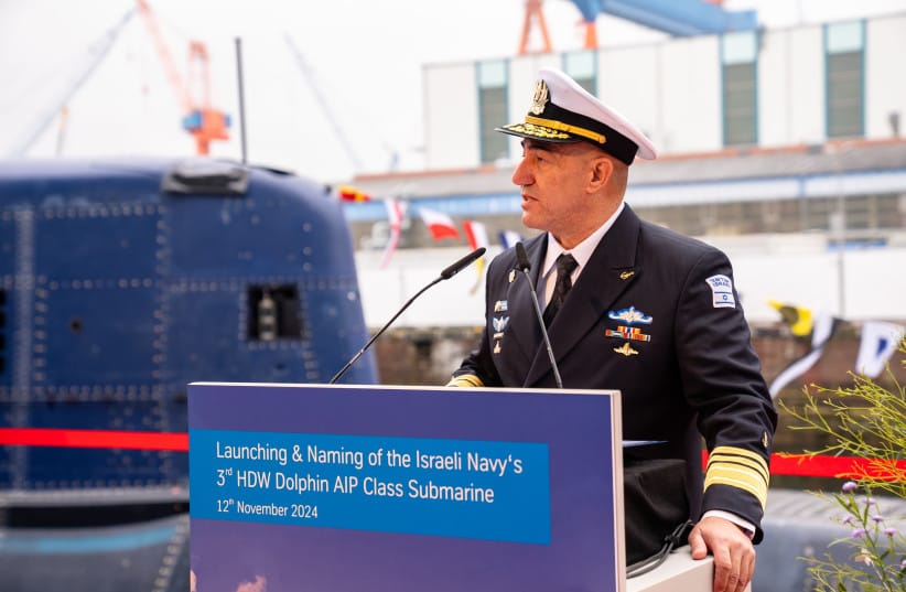 The Israeli Navy unveils the new INS “Drakon” submarine at the German Naval Yards Holdings in Kiel, Germany, November 12, 2024