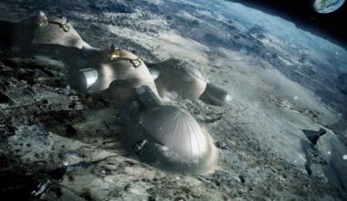 Water on the moon: Small collection of dome-shaped buildings on the moon, with Earth in the distance.