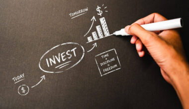 Hand sketching investment growth concept chart with chalk on blackboard.