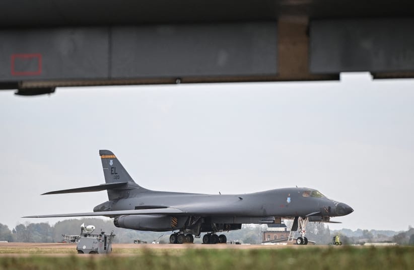 A US Air Force B-1 Lancer bomber is pictured on the tarmac at RAF Fairford base in Fairford, south-west England on September 27, 2026, as UK counter-terrorism police investigate an incident near the base in the village of Whelford.
