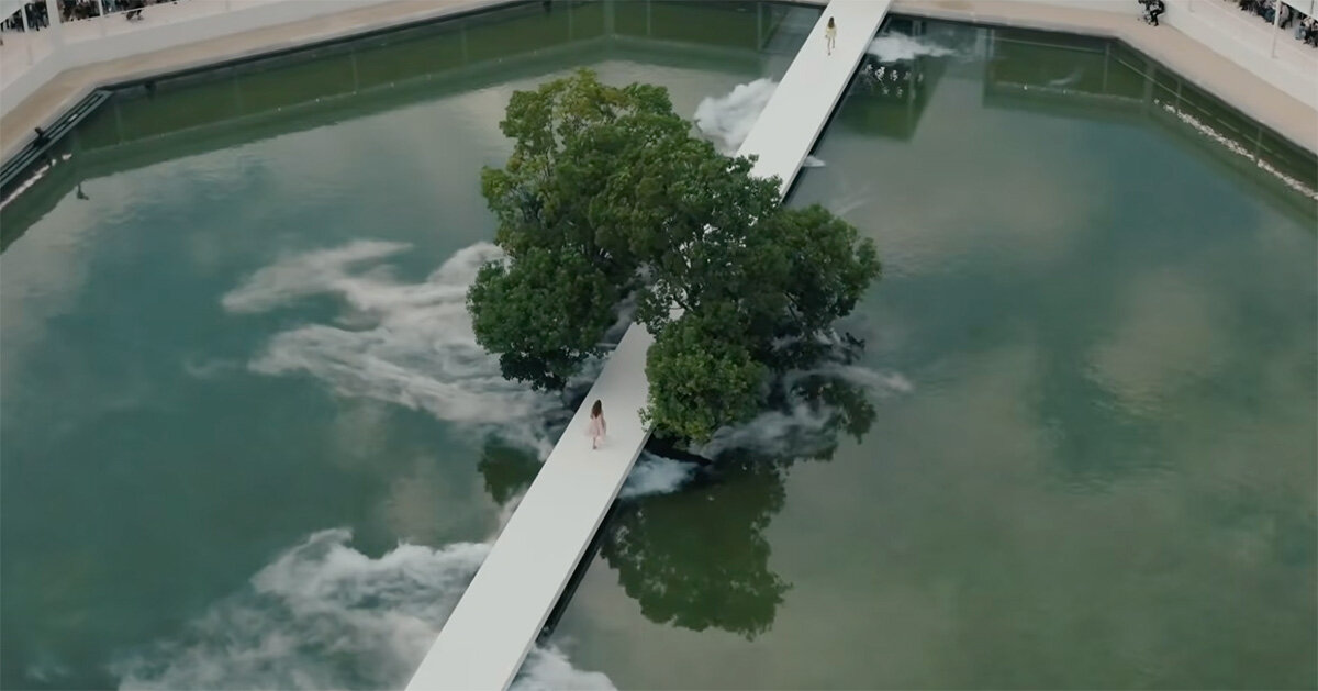 bureau betak places a geometric white runway in a mist-filled landscape for dior