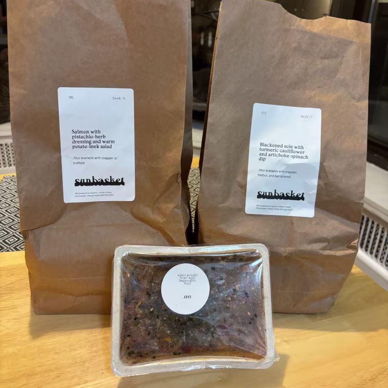 Sunbasket’s meal kits are packed inside brown paper bags, which helps me keep ingredients organized in my refrigerator.