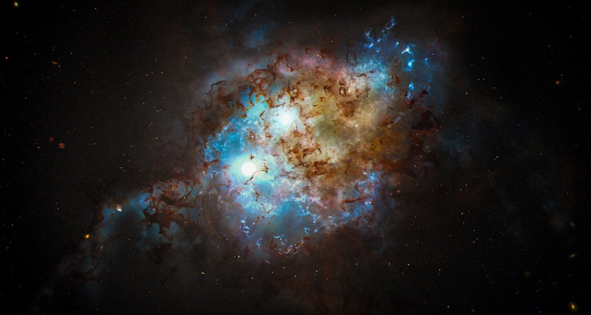 Artist’s conception showing the intense light from a pair of quasars in the cores of two galaxies in the process of merging. Credit: NASA/ESA/Joseph Olmsted (STScI)