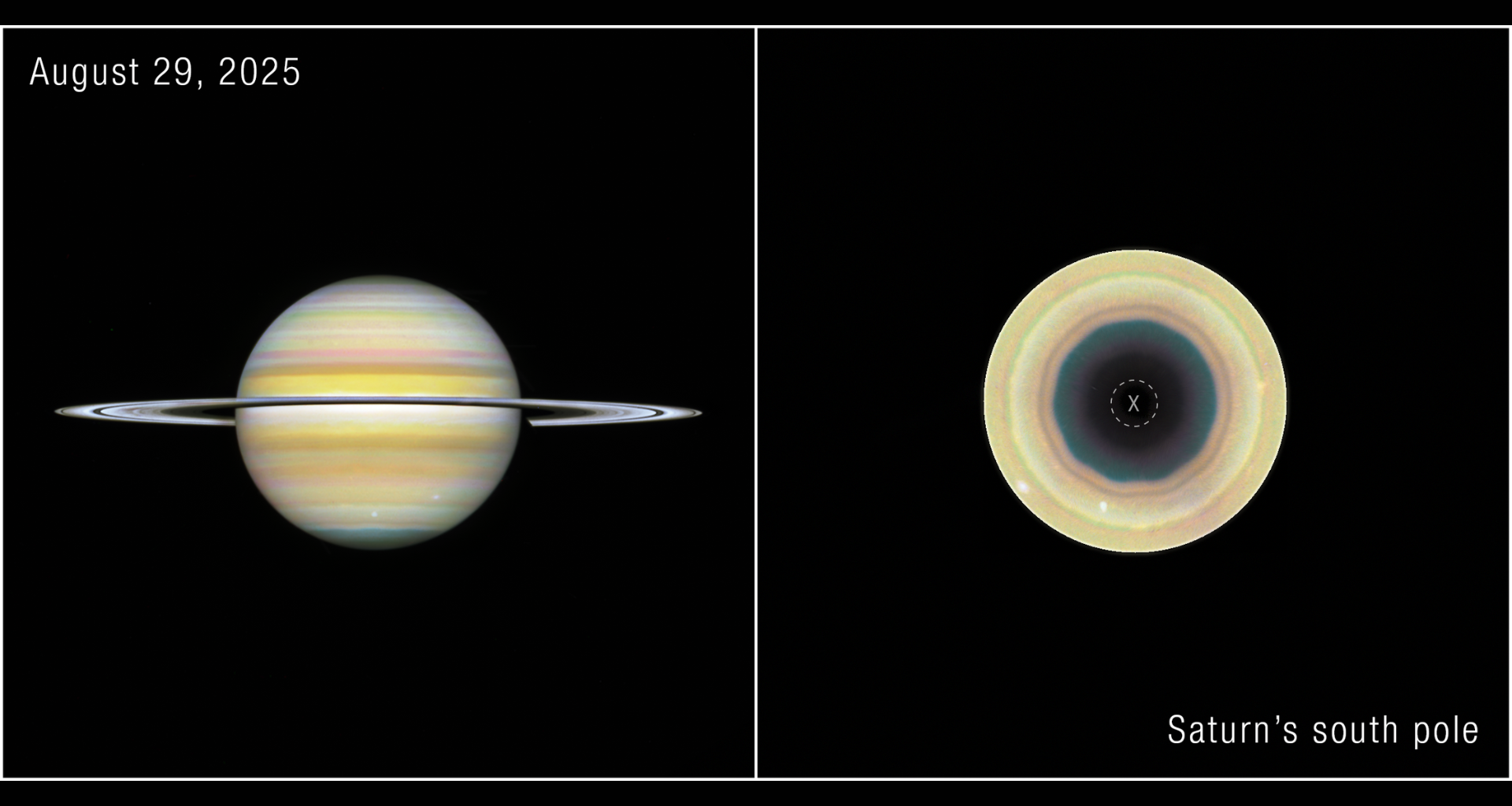 Two images of a yellow planet side by side, with white rings around the planet on the left and a yellow planet with a dark hole on the right.