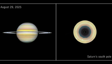 Two images of a yellow planet side by side, with white rings around the planet on the left and a yellow planet with a dark hole on the right.