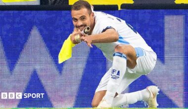Israel's Sayed Abu Farhi sent off for appearing to mimic gun in goal celebration