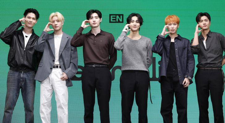 Members of ENHYPEN pose during a press conference celebrating the release of their eighth mini-album, “THE SIN: BLISS,” at Mondrian Seoul in Yongsan District, Seoul, Aug. 20. Newsis